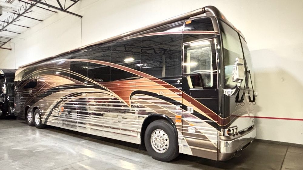 A 2006 Country Coach XLII motorhome on a Prevost shell, front three-quarter view